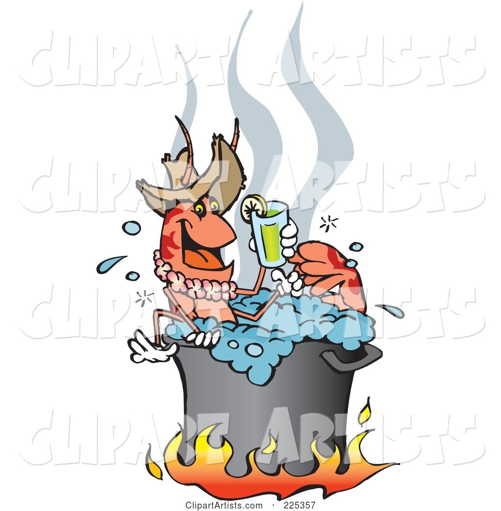 Happy Prawn Drinking a Lemonade While Boiling over a Fire in a Pot