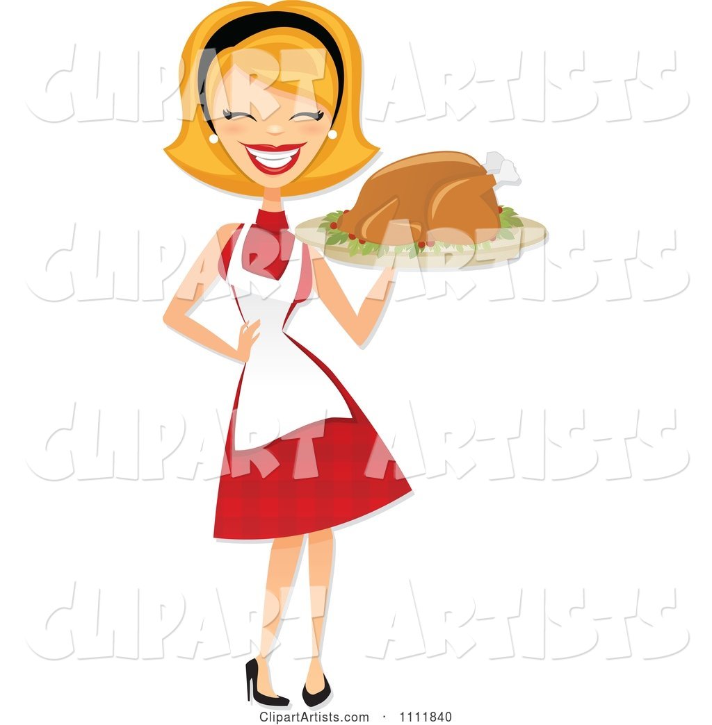 Happy Retro Blond Woman Carrying a Roasted Thanksgiving or Christmas Turkey on a Platter