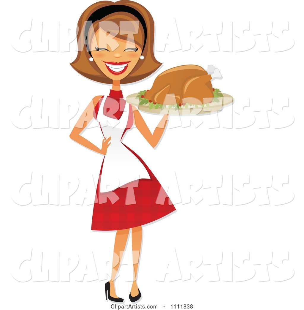 Happy Retro Woman Carrying a Roasted Thanksgiving or Christmas Turkey on a Platter
