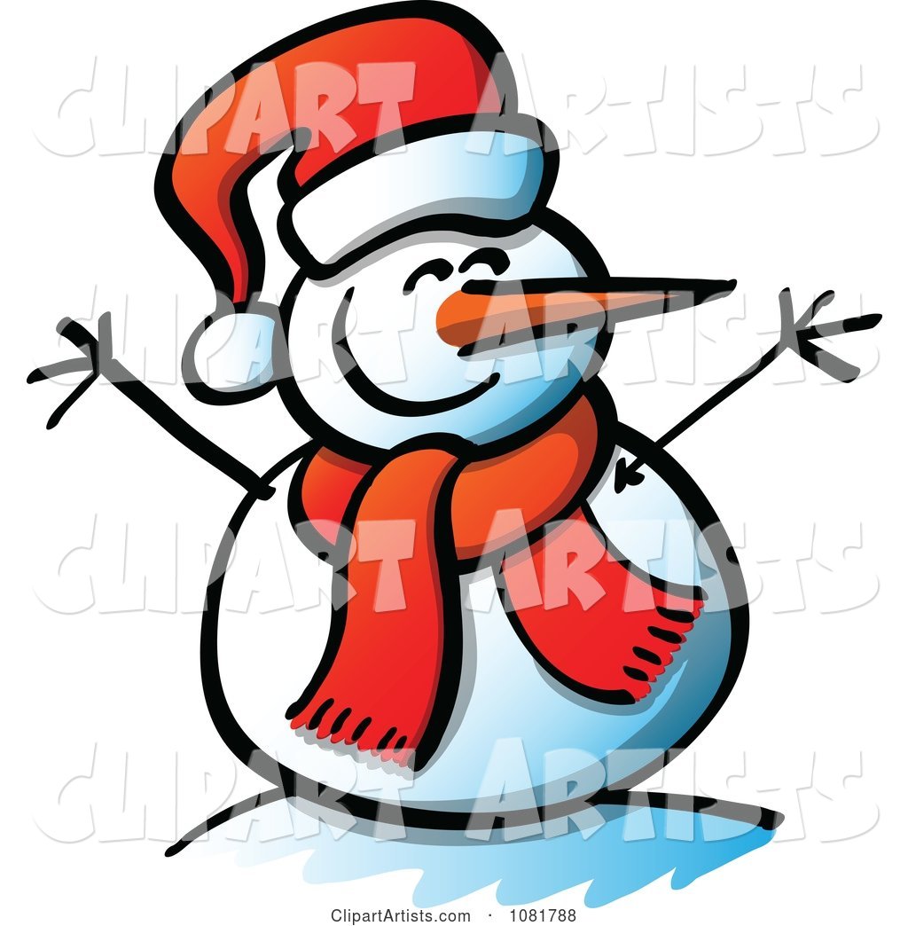 Happy Snowman with Open Twig Arms and a Santa Hat