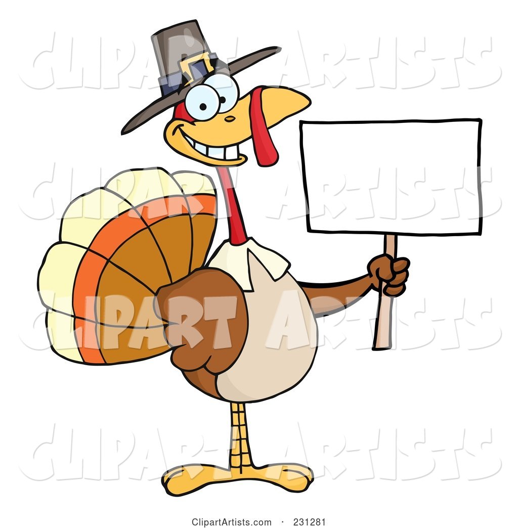 Happy Thanksgiving Pilgrim Turkey Bird Holding a Blank Sign - 1