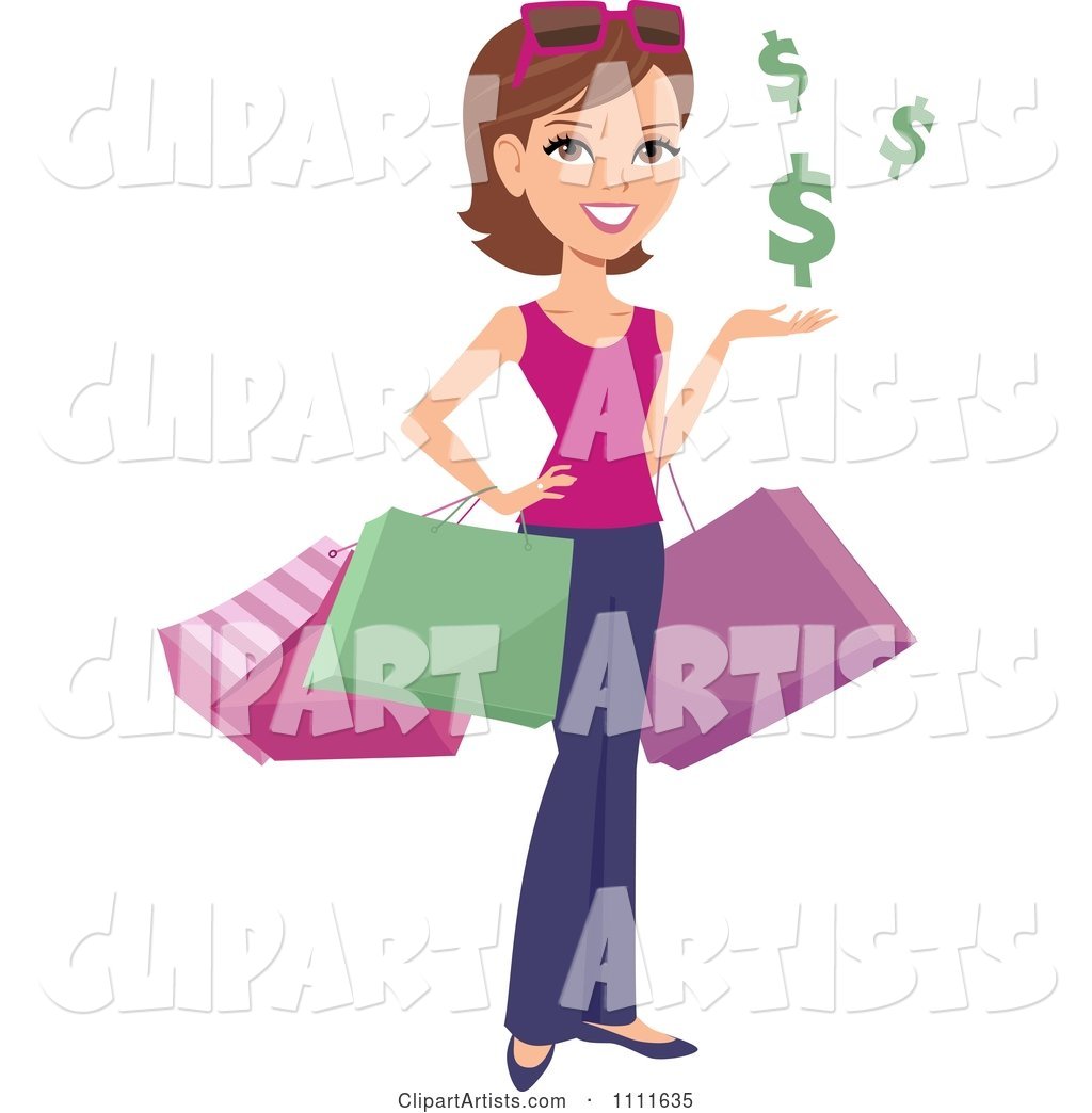 Happy White Woman Shopper with Bags and Floating Dollar Symbols