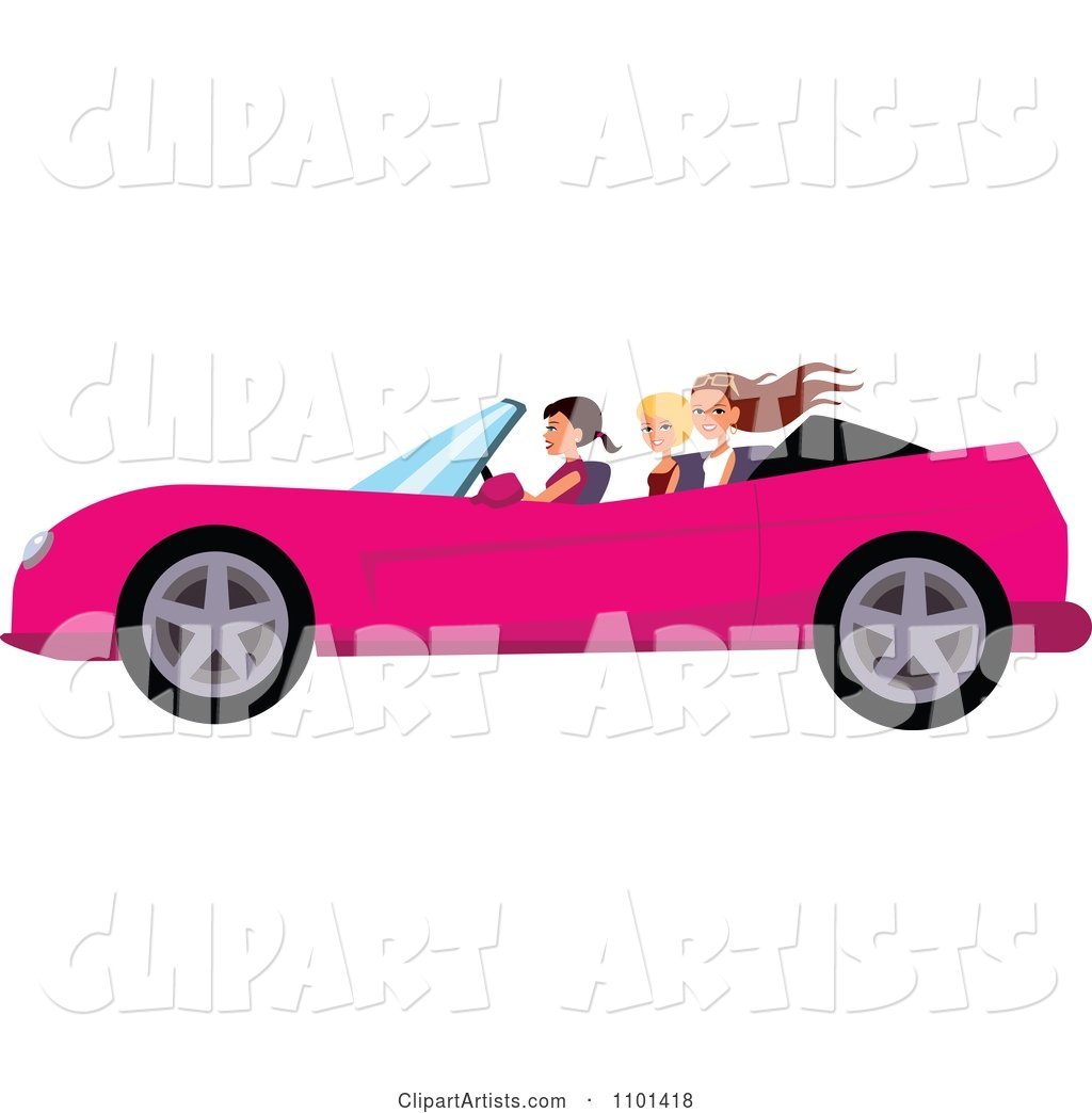 Happy Woman Driving a Pink Convertible with Her Friends in the Back Seat