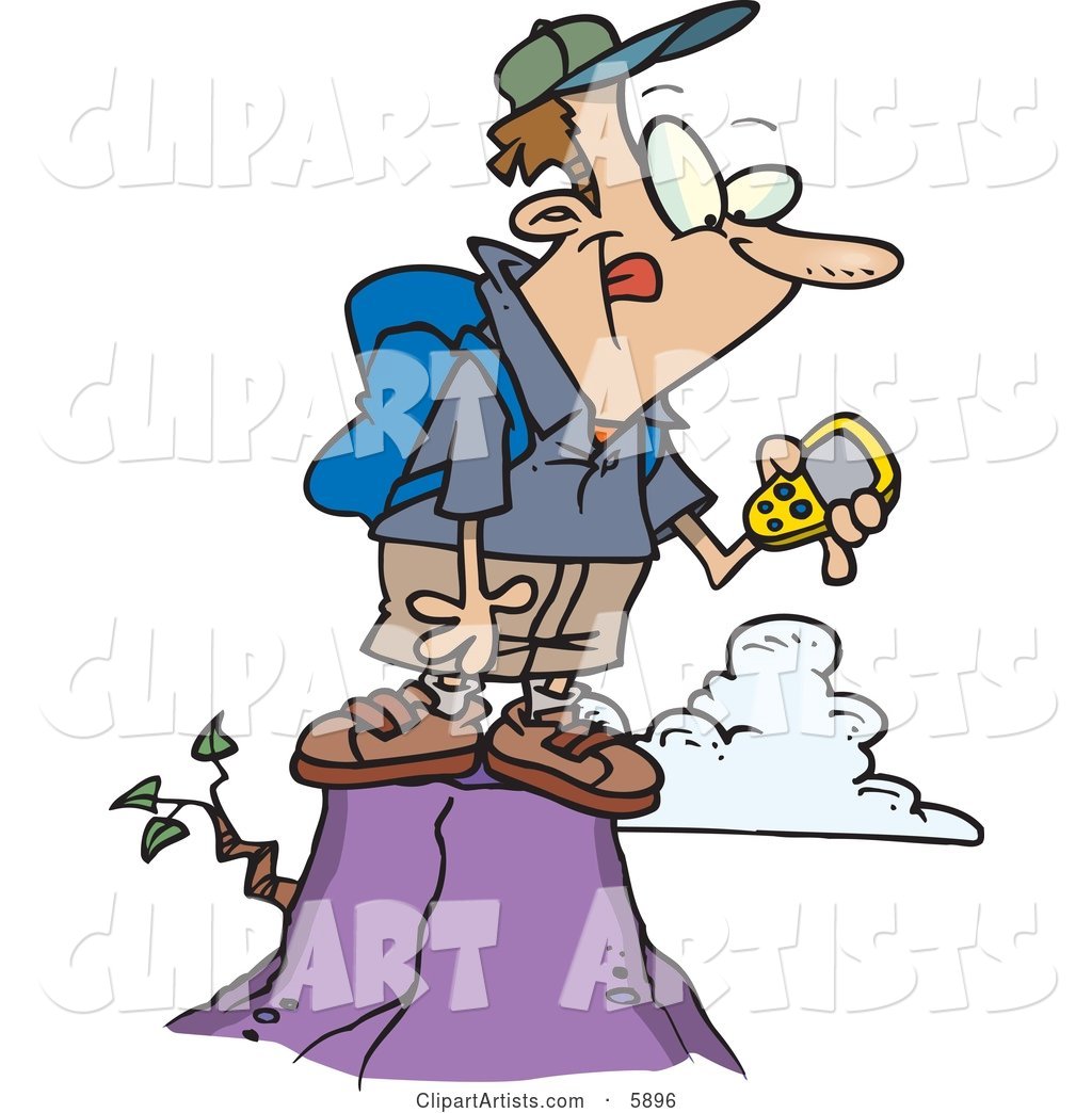 Hiker Man on Top of a Mountain, Using a GPS