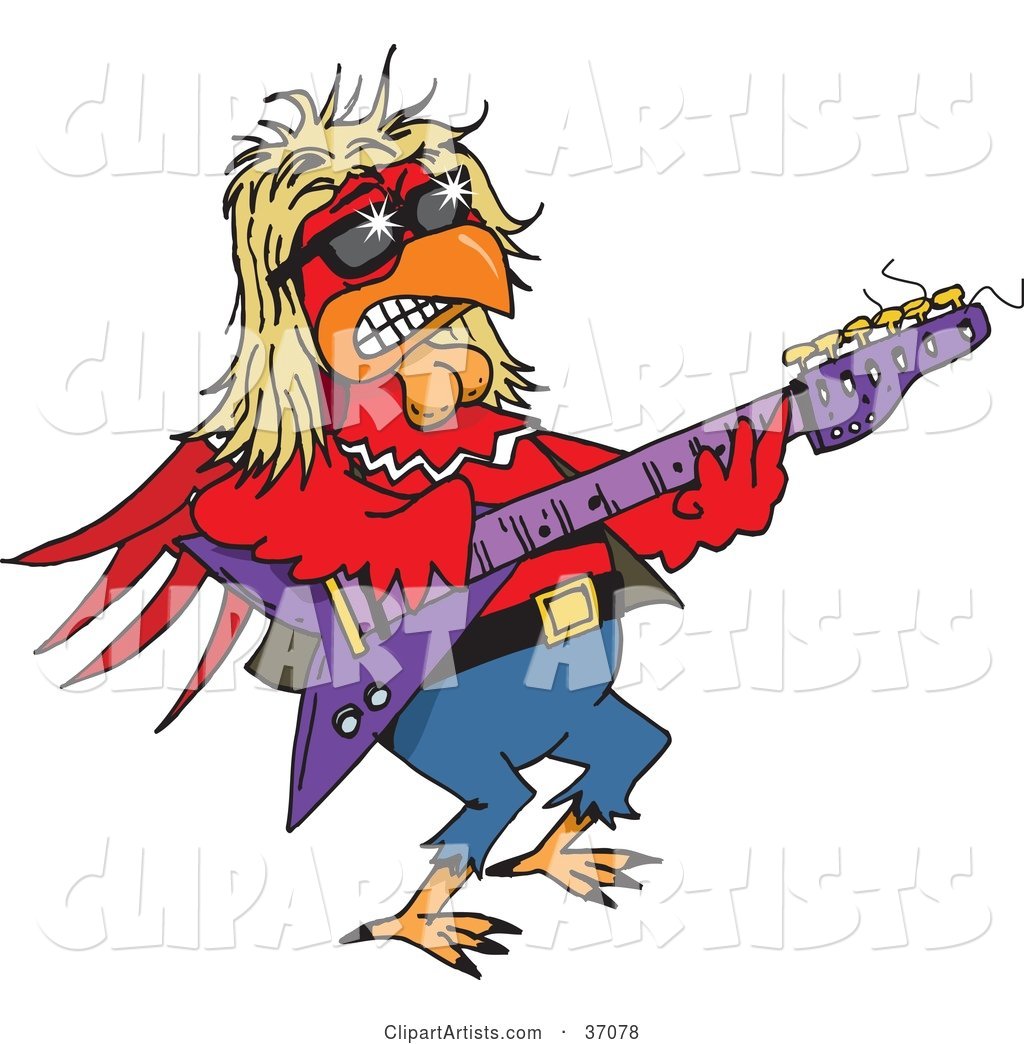 Hip Red Rooster Playing an Electric Guitar at a Rock N Roll Concert
