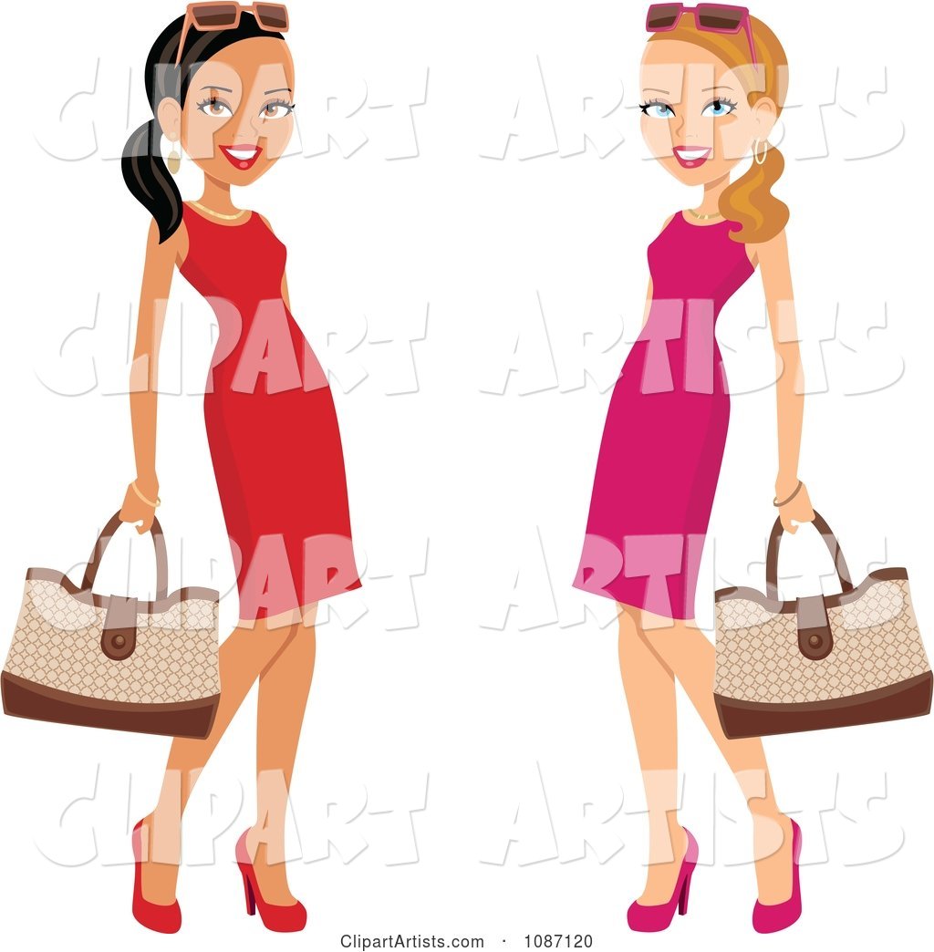 Hispanic and Caucasian Ladies Posing in Dresses with Purses