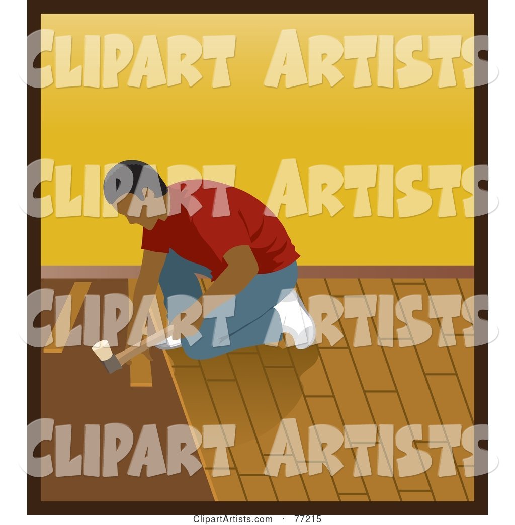 Hispanic Man Kneeling and Hammering While Installing Wood Floors