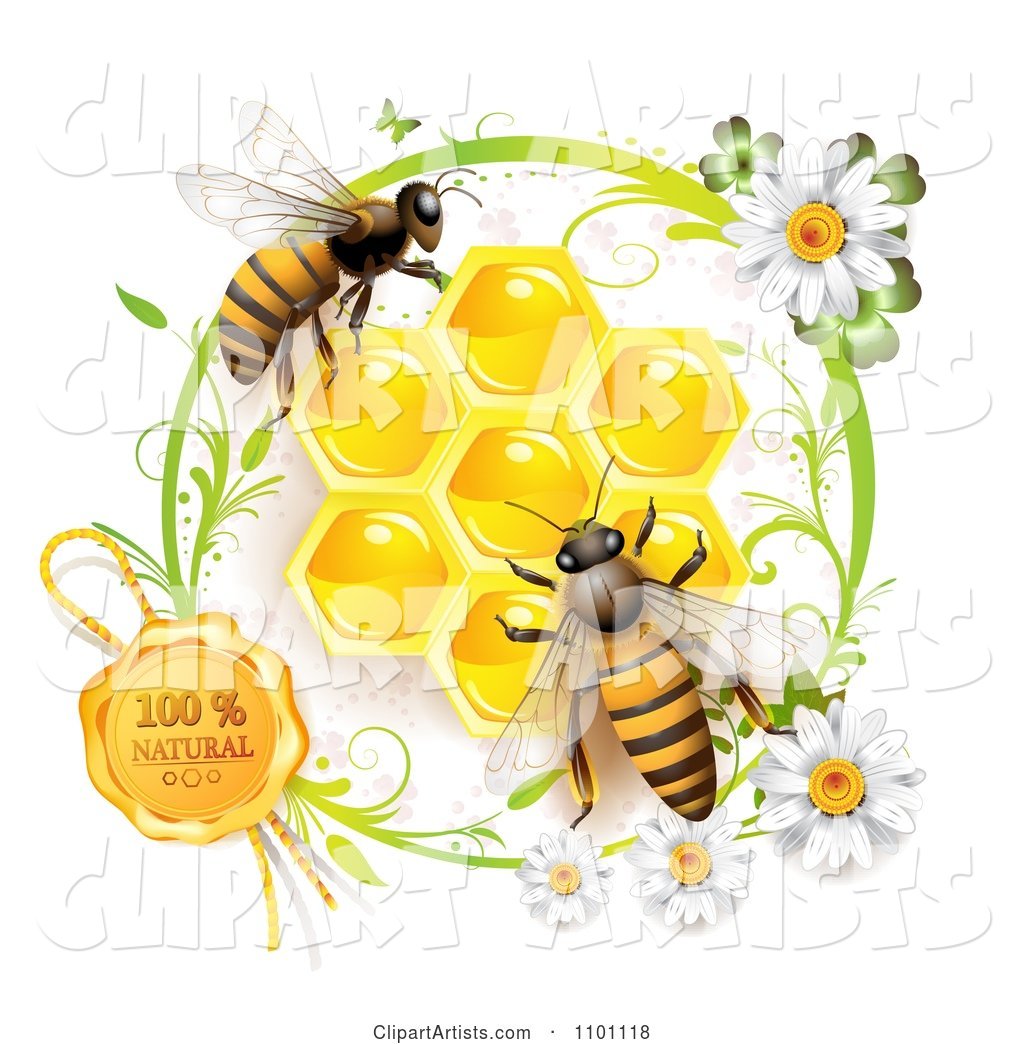 Honey Bees over Honeycombs with a Daisy with a Natural Wax Seal