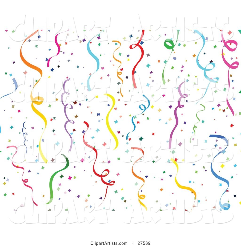 Horizontal Colorful Background of Party Streamers and Confetti over a White