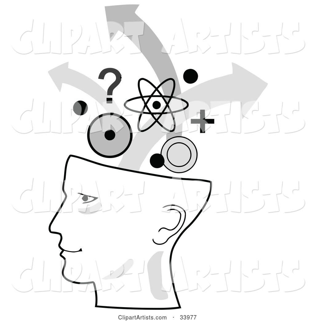 Human Head in Profile, Brainstorming with Arrows, Circles, Questions and Atoms