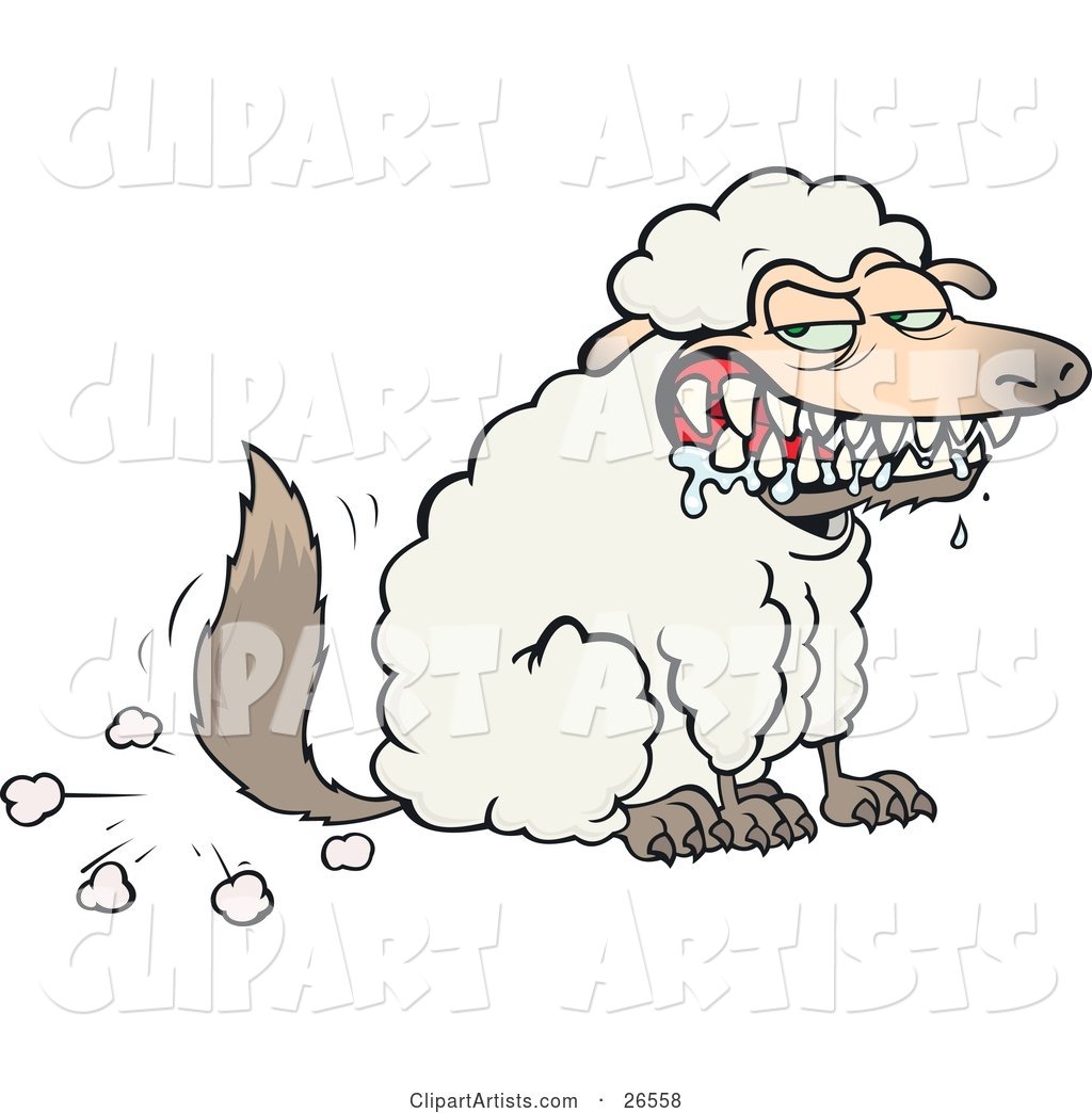 Hungry Drooling Wolf in Sheeps Clothing, Symbolizing Fraud, Evil and Deceit