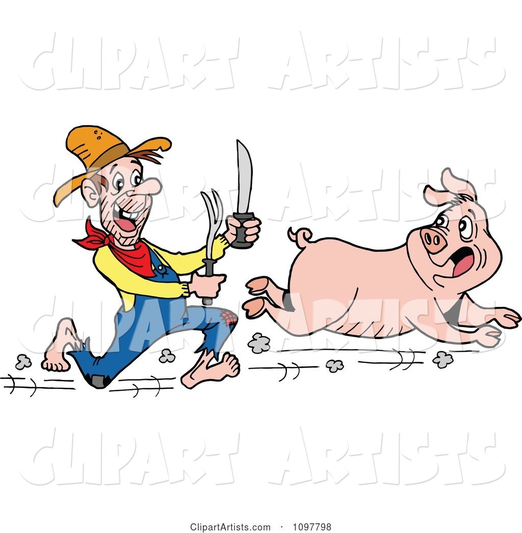 Hungry Hillbilly Man Chasing a Pig with a Knife and Fork