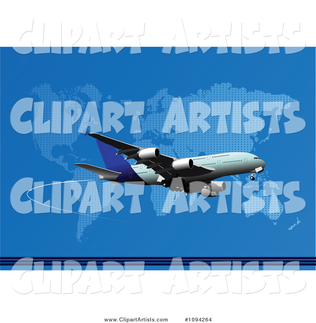 Jumbo Jet Airliner over a World Map on Blue
