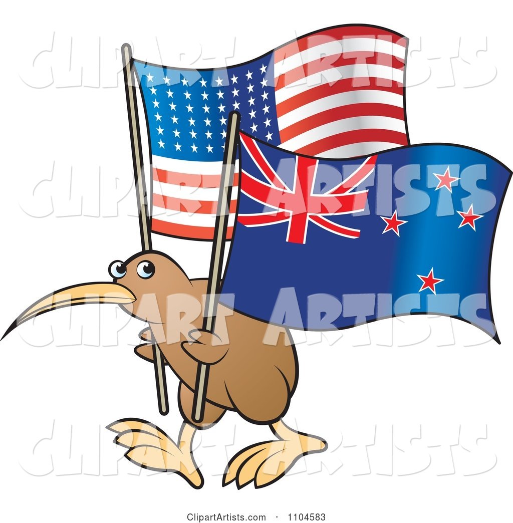 Kiwi Bird with New Zealand and USA Flags