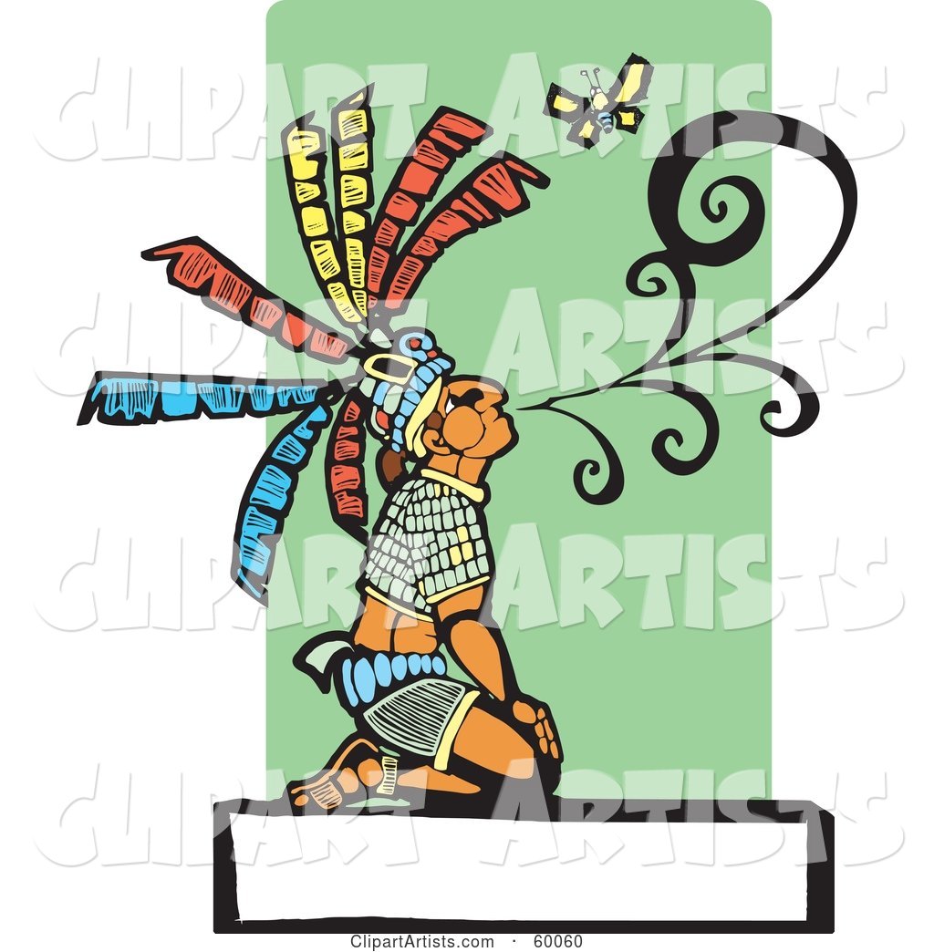 Kneeling Mayan Chief Blowing Smoke near a Butterfly, over a Blank Sign
