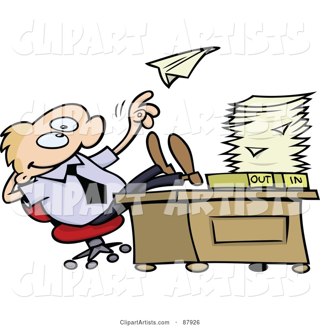 Lazy Toon Guy Throwing a Paper Plane and Resting His Feet on His Desk at Work