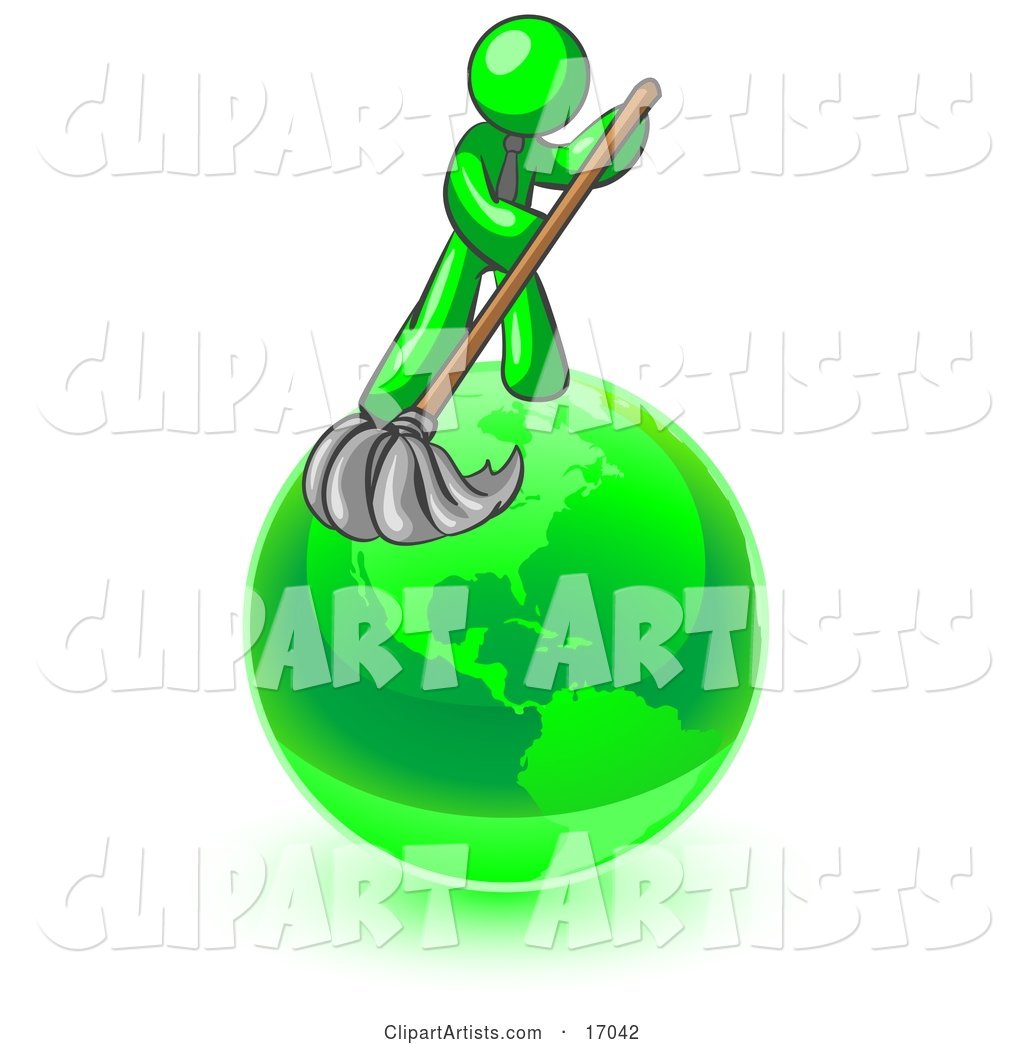 Lime Green Man Using a Wet Mop with Green Cleaning Products to Clean up the Environment of Planet Earth