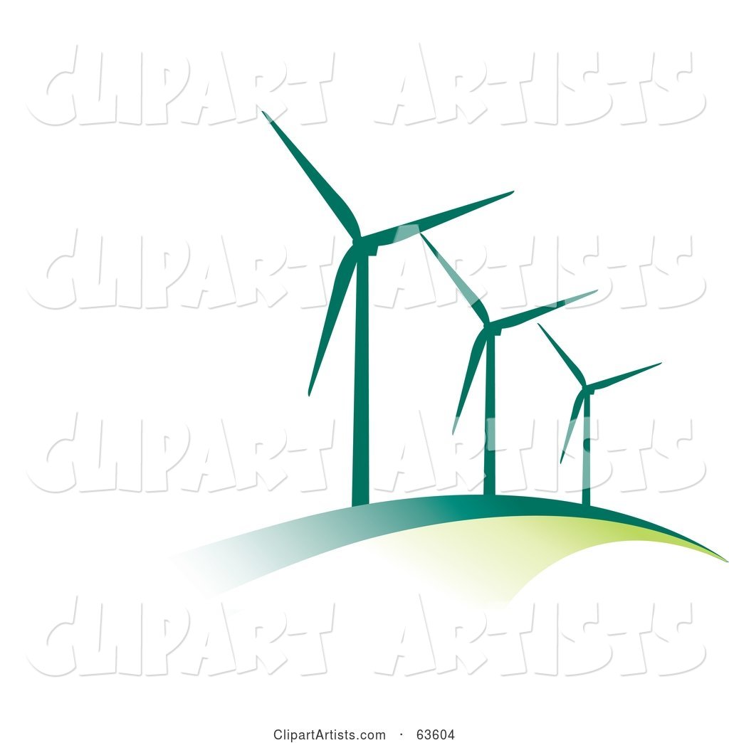 Line of Green Wind Turbines on a Hill