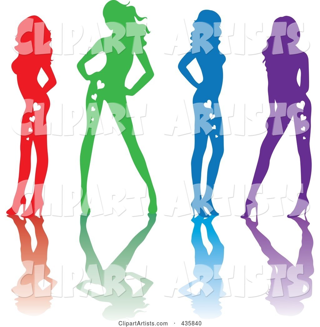 Line of Red, Green, Blue and Purple Sexy Pinup Women with Hearts on Their Bodies and Reflections