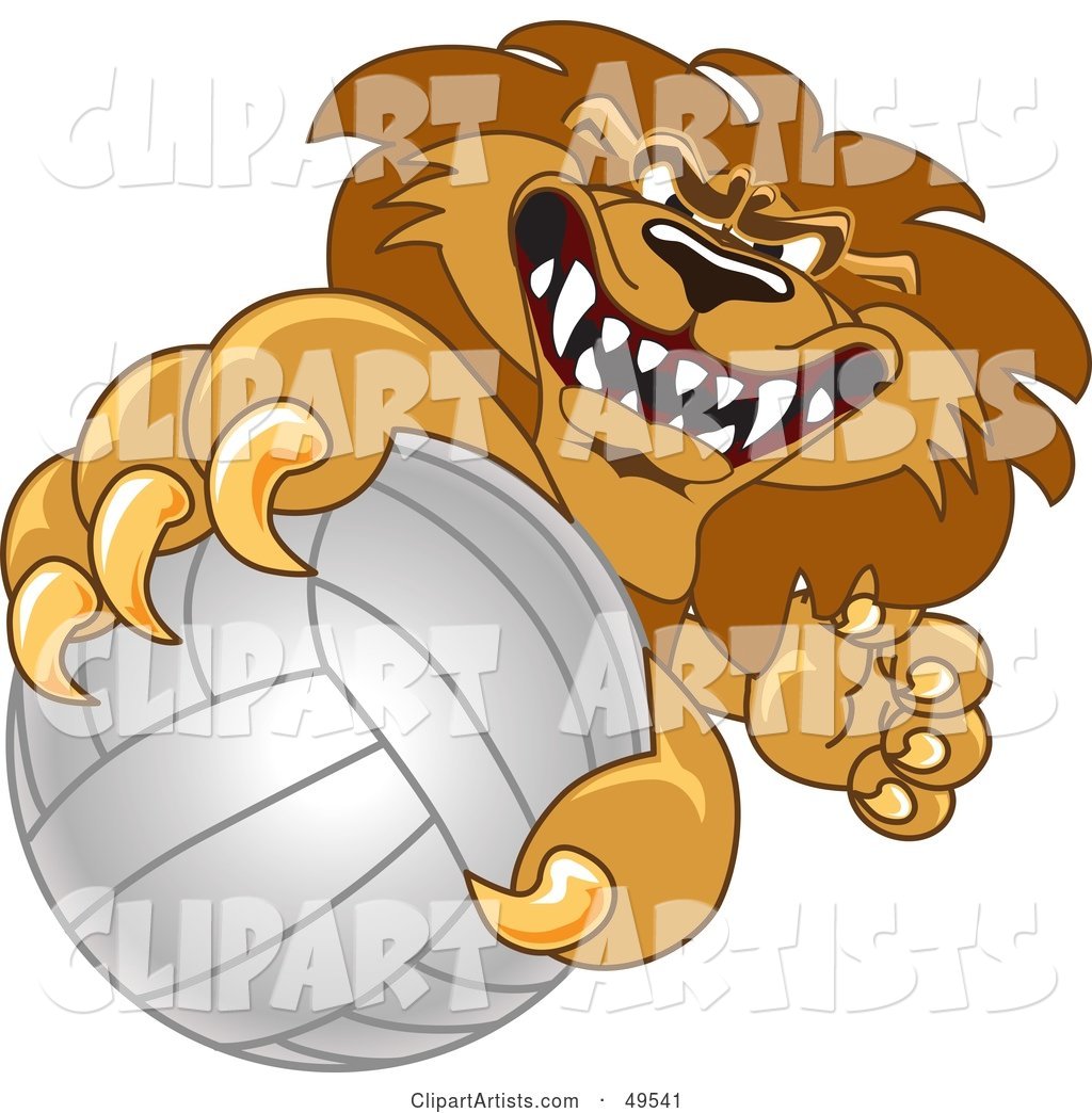 Lion Character Mascot Grabbing a Volleyball