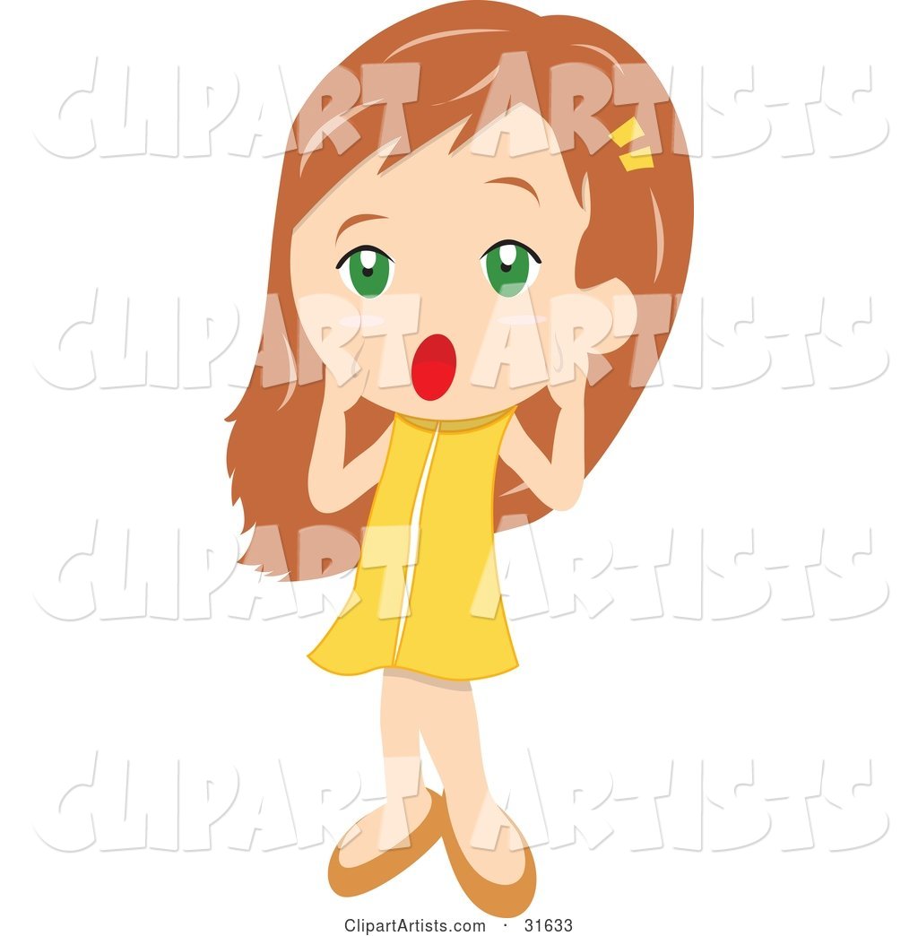 Little Girl in a Yellow Dress, Holding Her Hands Around Her Mouth and Shouting