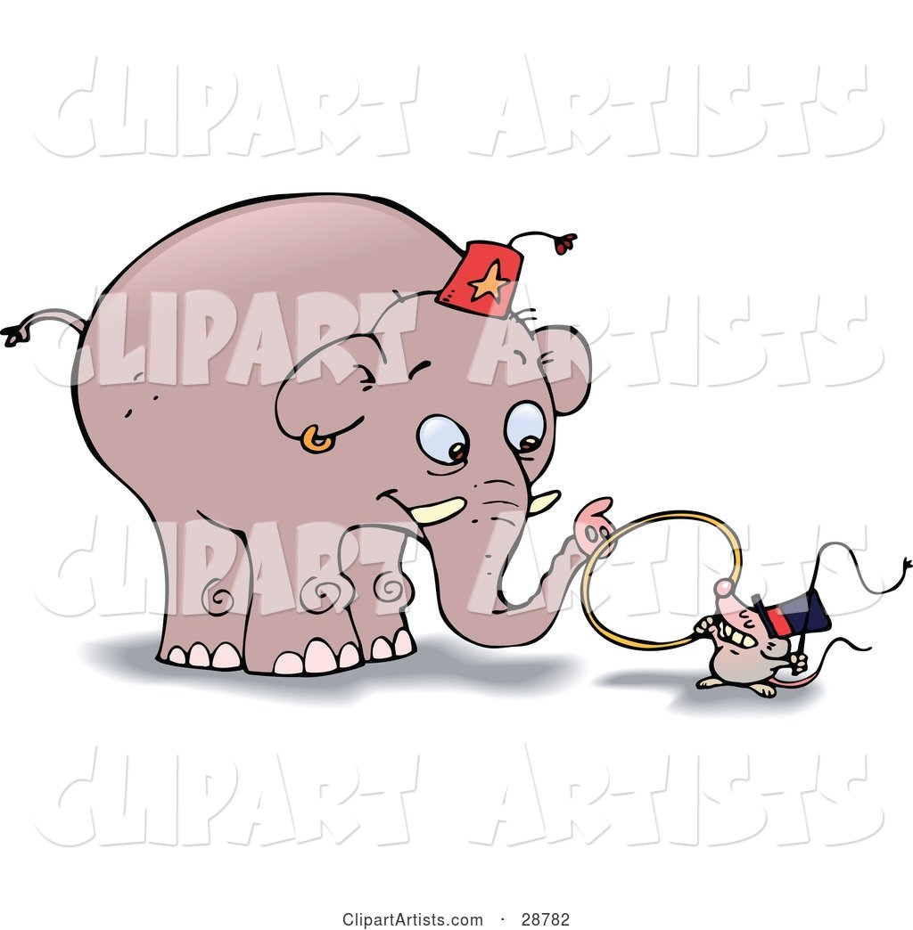 Little Mouse Holding a Whip and a Tiny Hoop, Instructing a Giant Elephant to Jump Through the Ring During a Circus Show