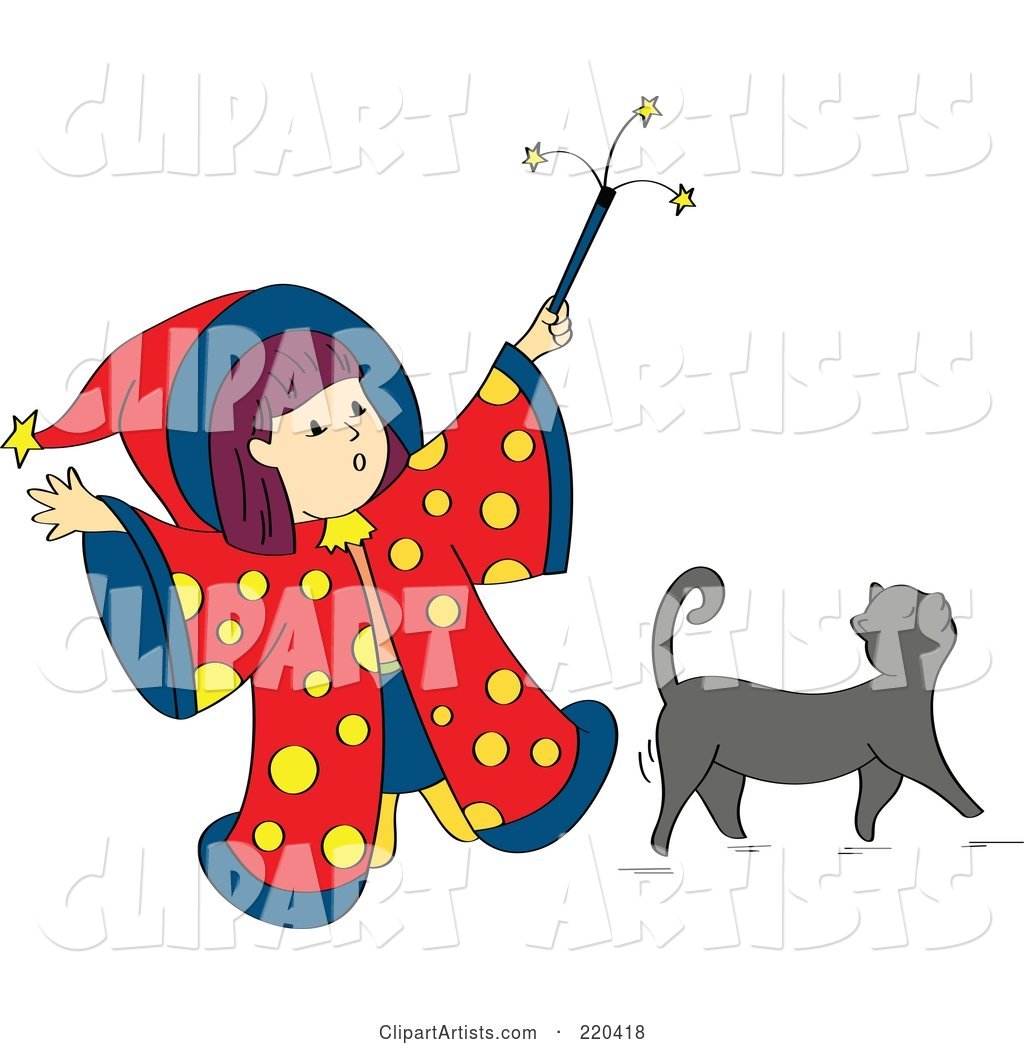 Little Wizard Girl Holding up Her Magic Wand over Her Gray Cat