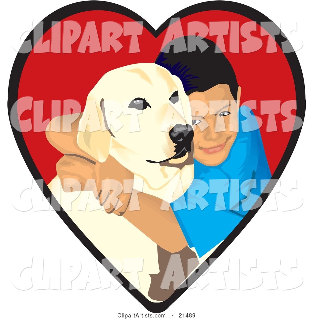 Loving Boy Hugging His Yellow Labrador Retriever Dog in a Red Heart