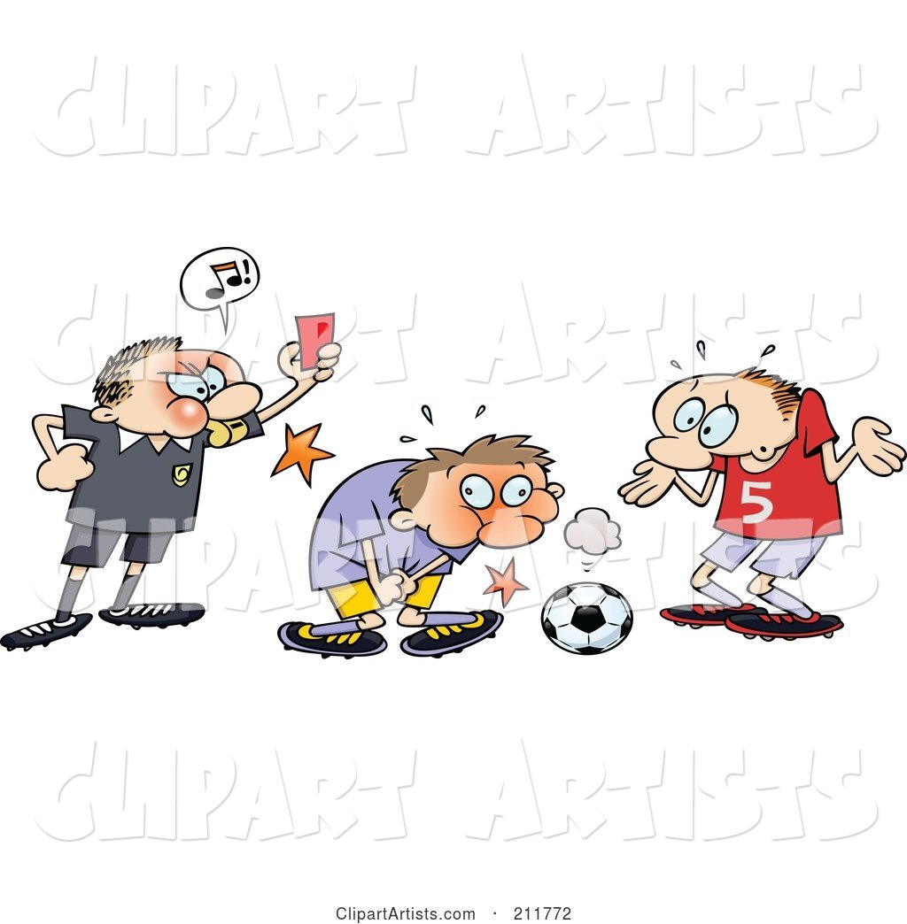 Mad Ref Holding up a Card While a Toon Guy Grabs Himself After Being Hit in a Sensitive Spot with a Soccer Ball