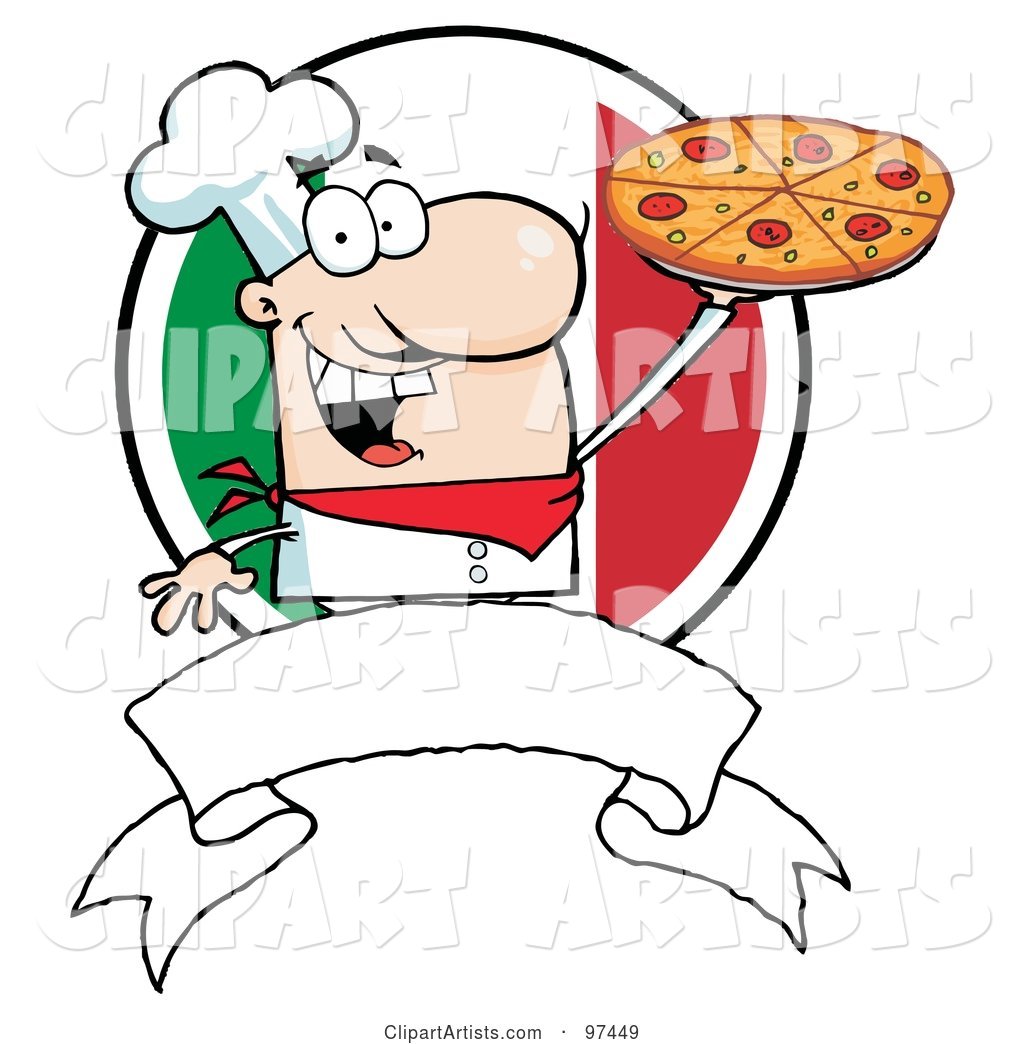 Male Chef Holding up a Pizza Pie over a Blank Banner and Round Italian Flag
