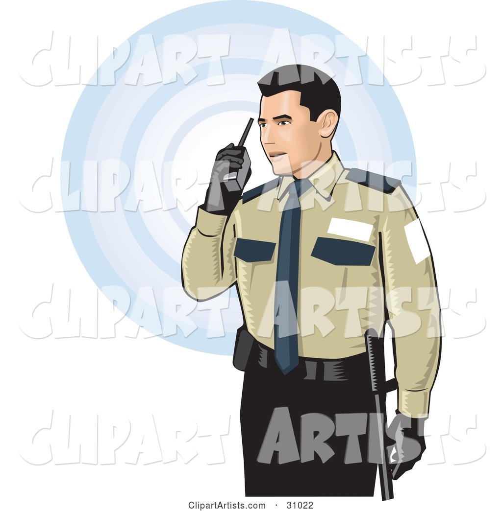 Male Security Guard in Uniform, Speaking Through a Walkie Talkie, over a White Background with Blue Circles