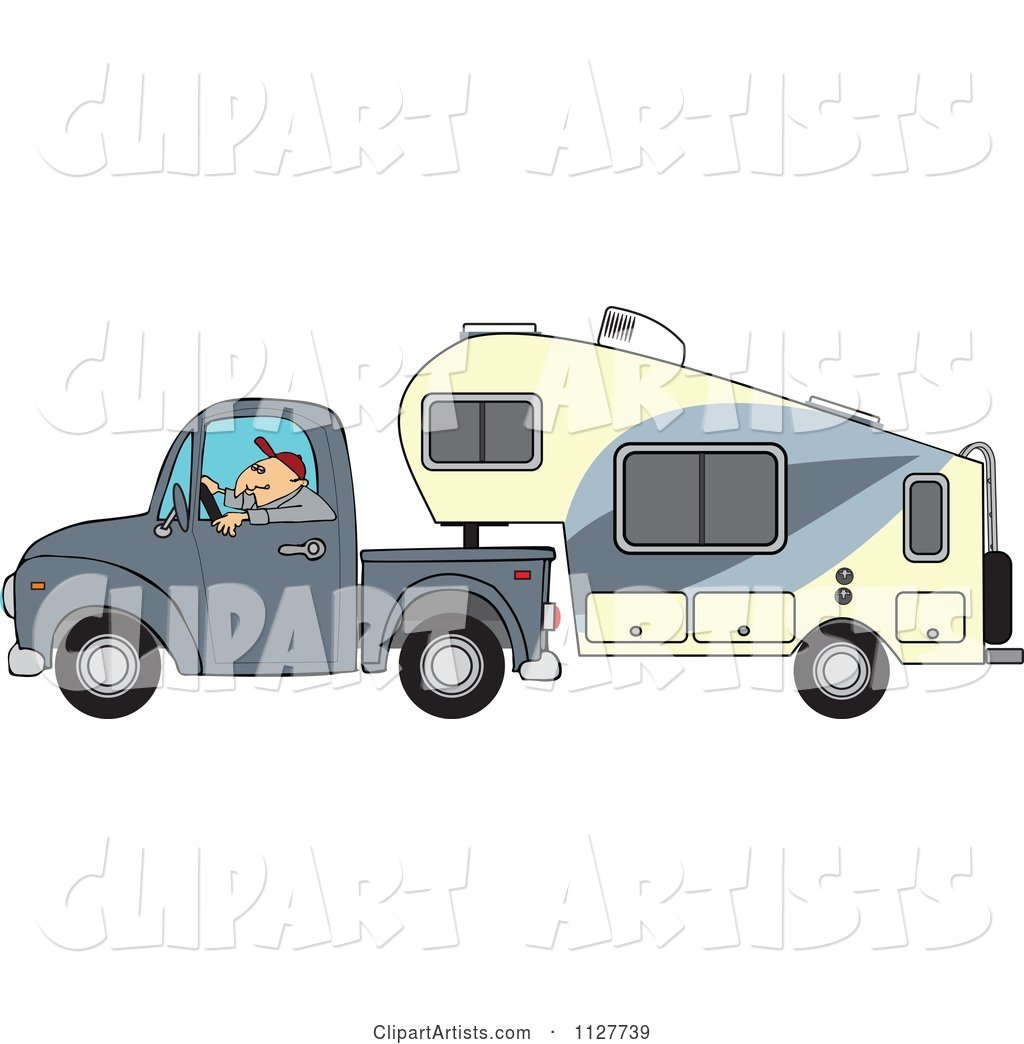 Man Driving a Pickup with a 5th Wheel Camper