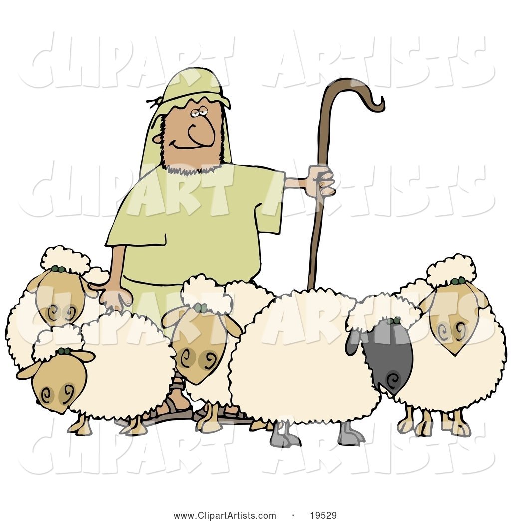 Man Holding a Staff and Standing with His Sheep