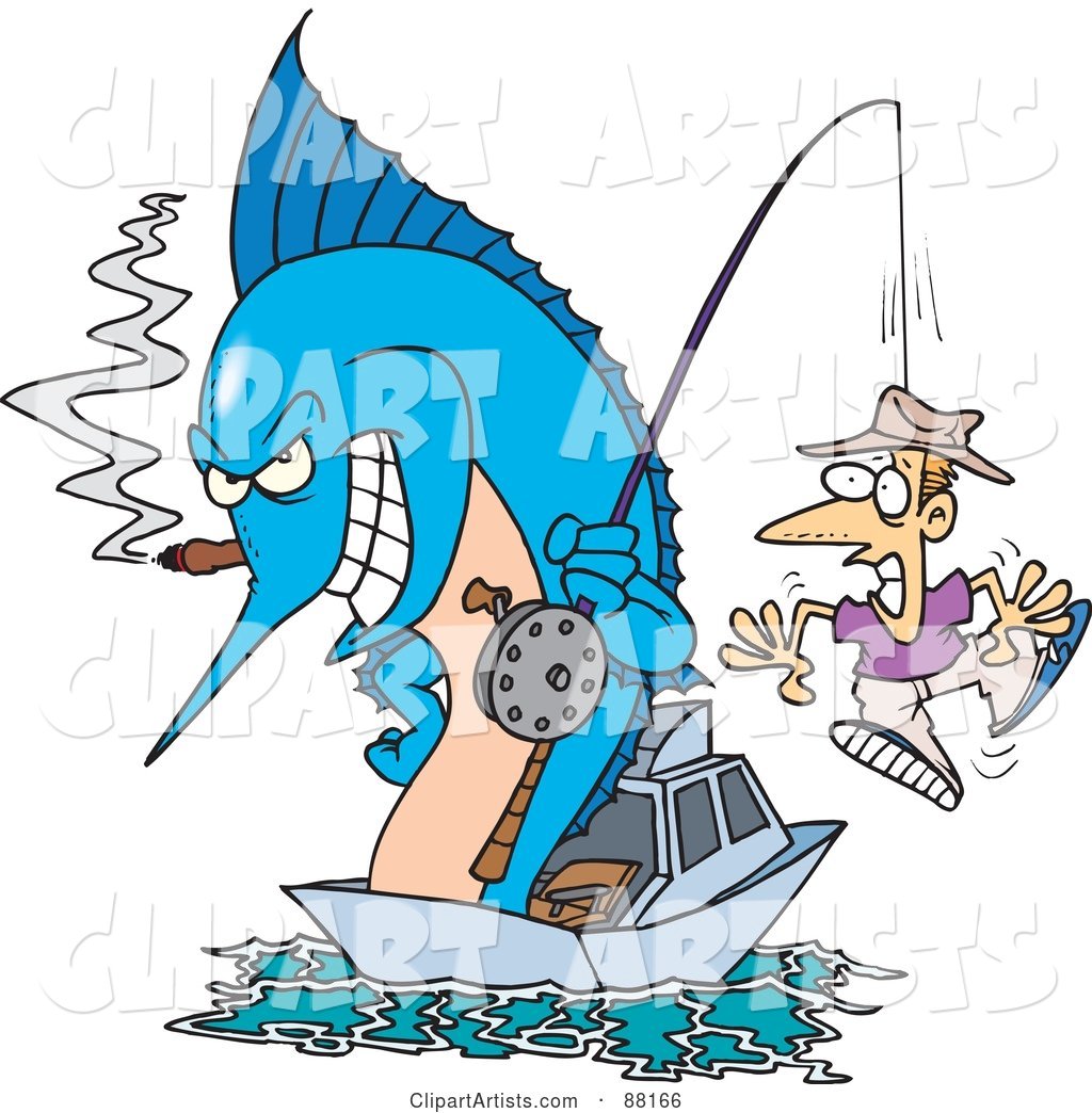 Marlin Smoking a Cigar and Reeling in a Man on a Hook