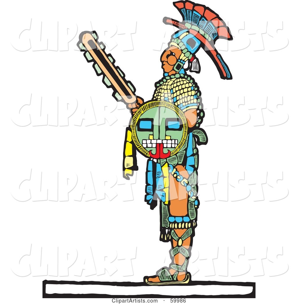 Mayan Warrior Standing with a Shield and Sword