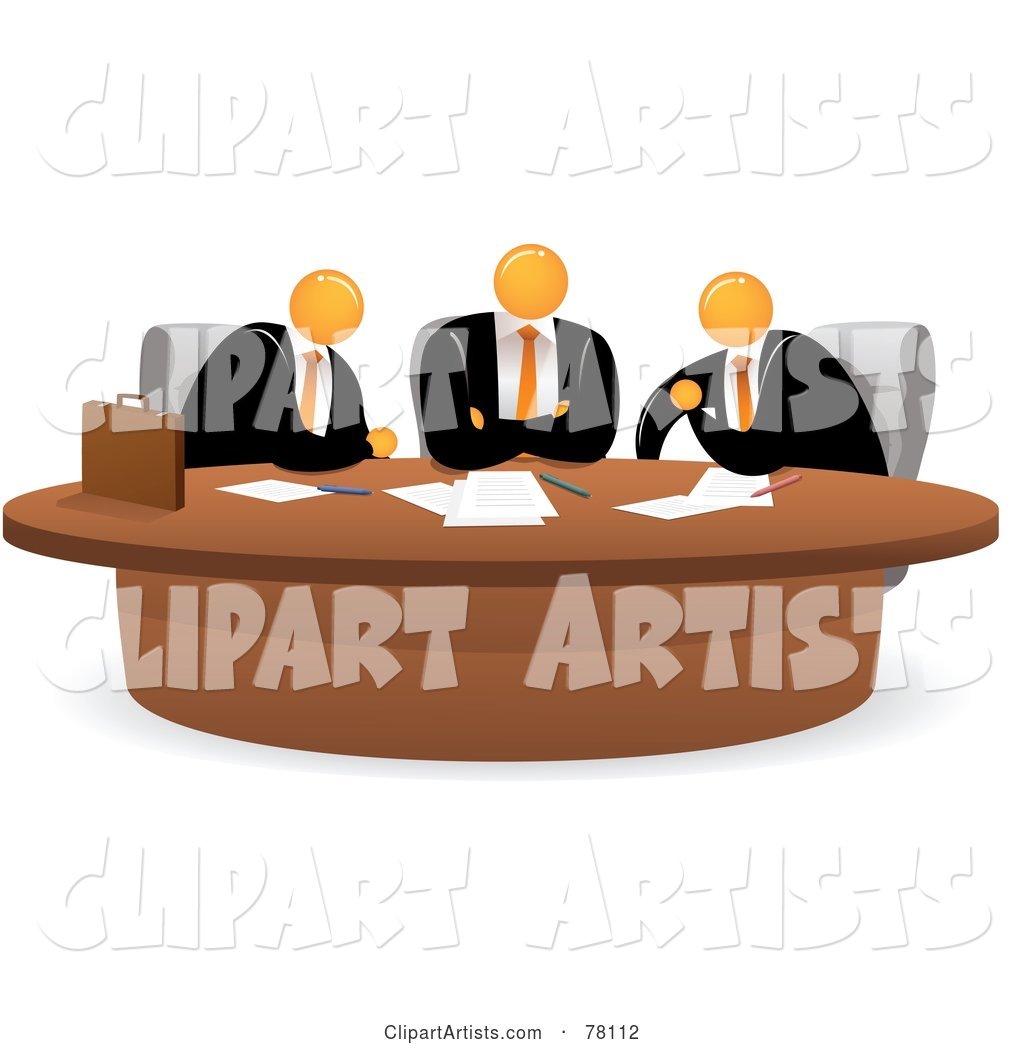 Meeting of Three Orange Faceless Businessmen Sitting at a Table