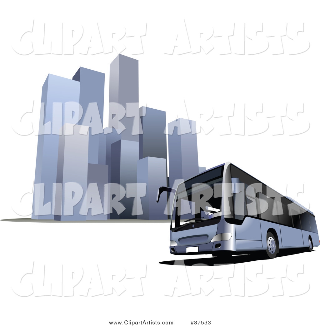 Modern Bus in Front of Tall Skyscrapers