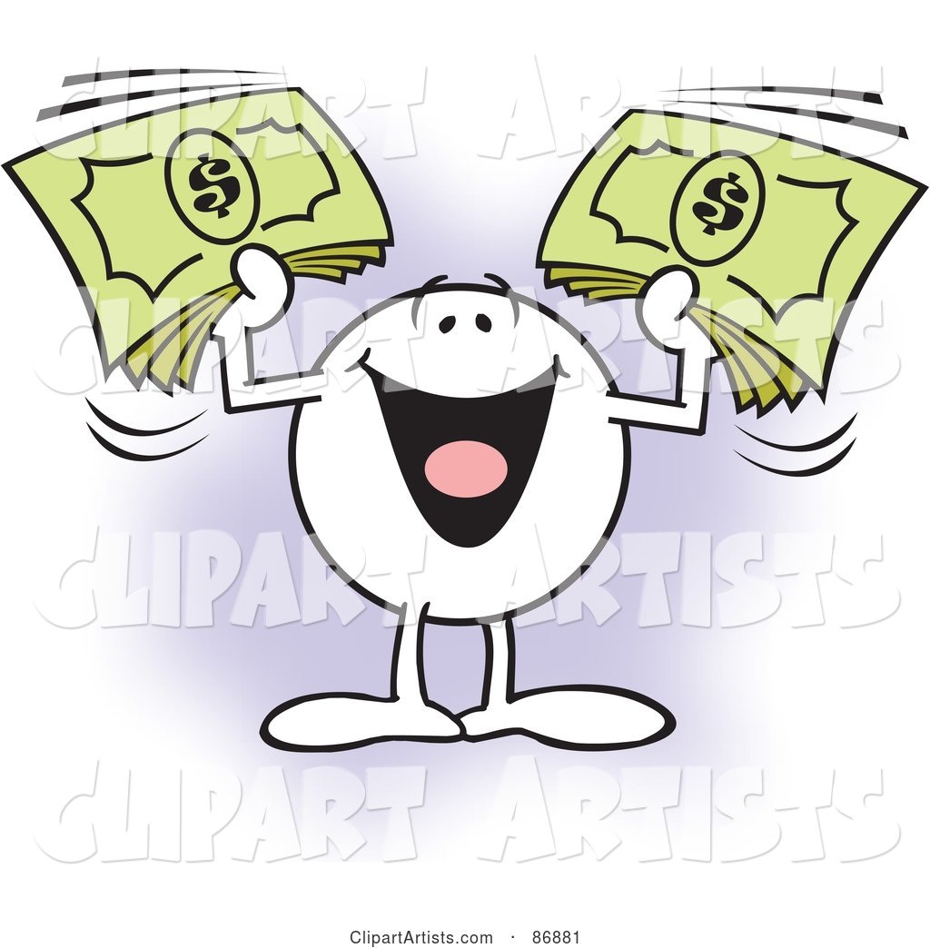 Moodie Character Holding up Bundles of Cash