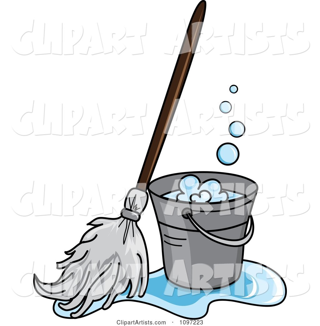 Mop in a Puddle Resting Against a Cleaning Bucket