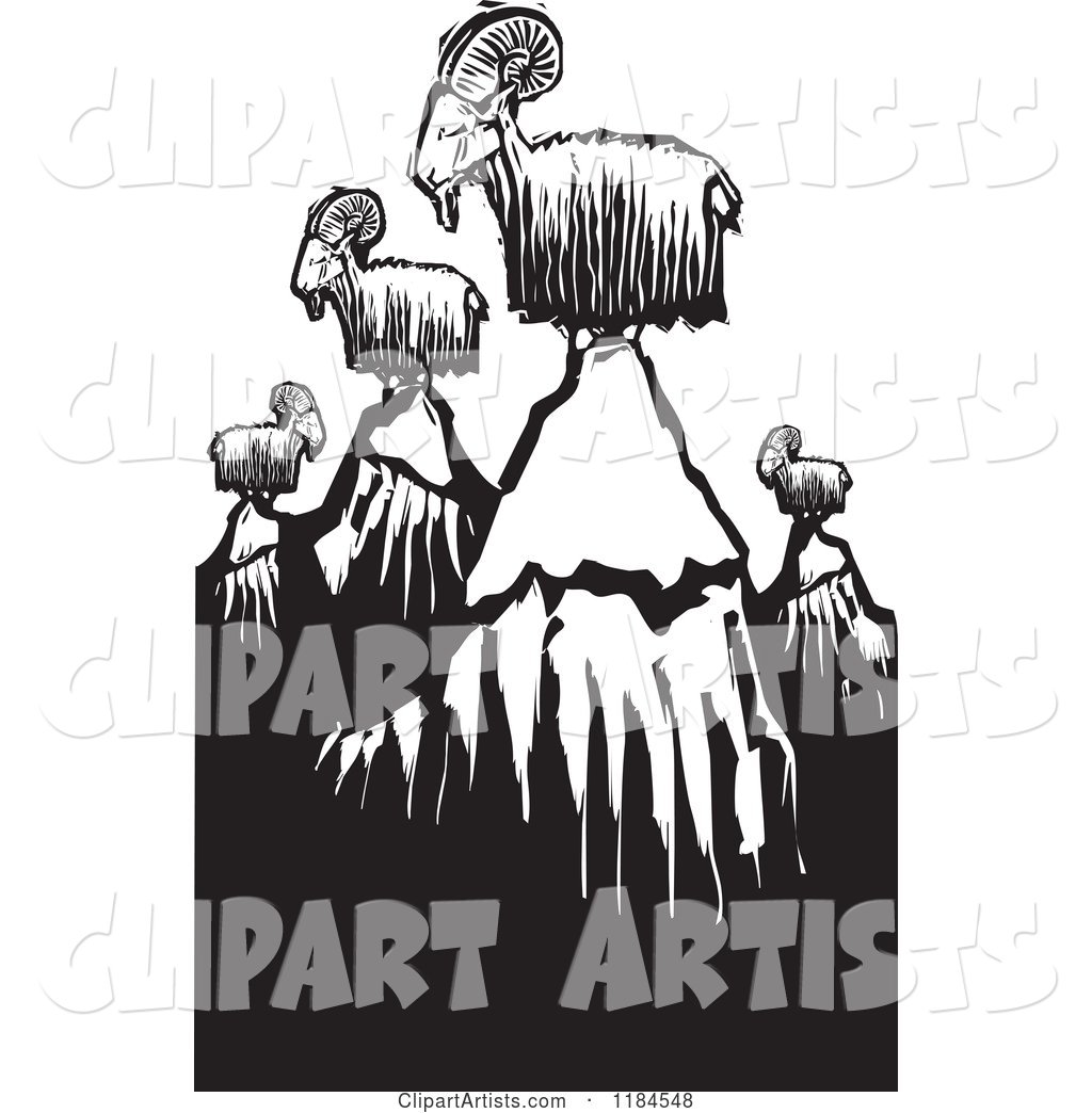 Mountain Goats on Peaks, Black and White Woodcut