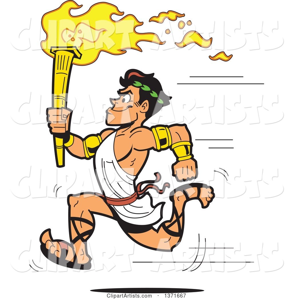 Muscular Olympic Greek Torch Bearer Man Running in a Toga