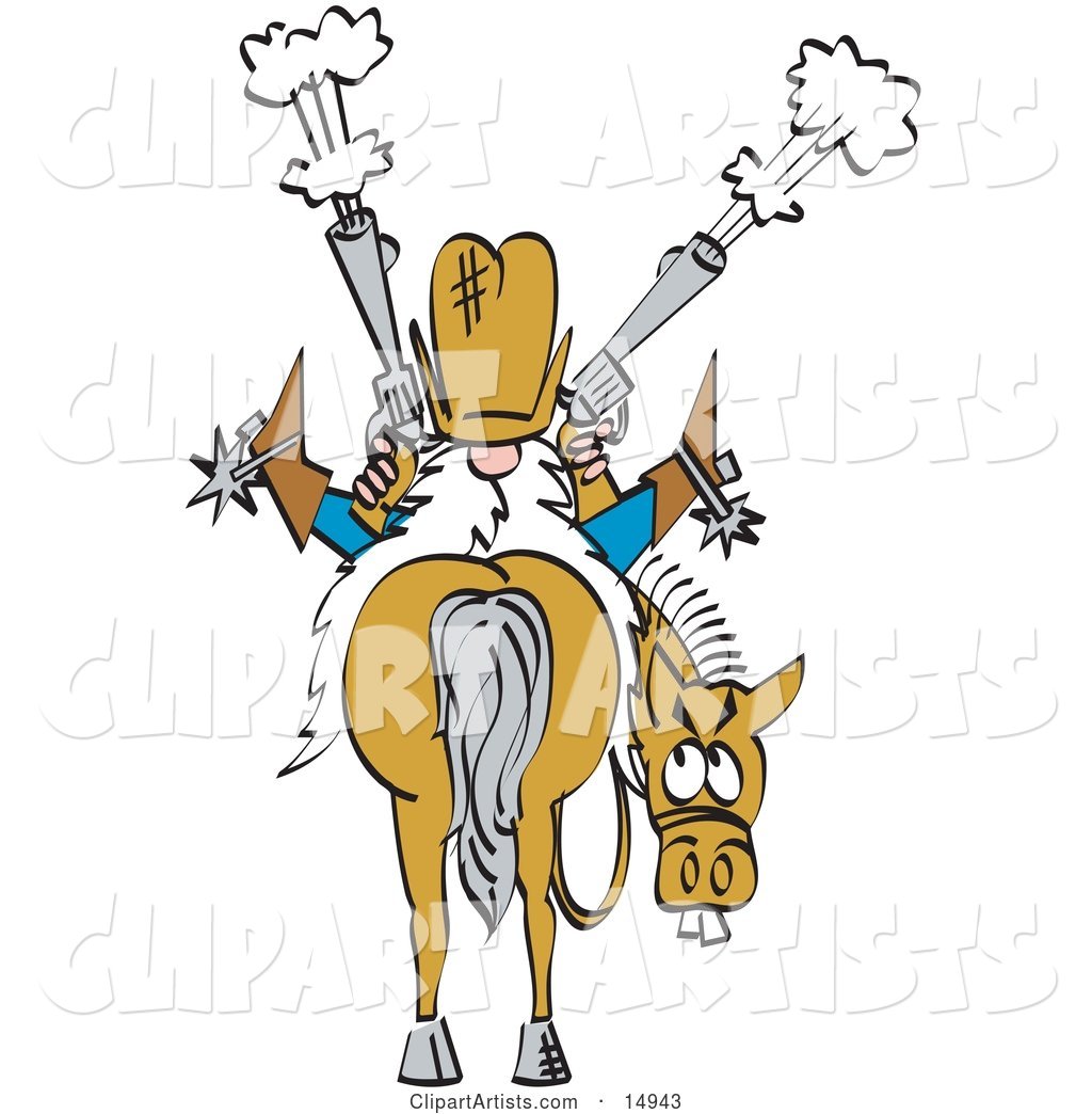 Nervous Buck Toothed Horse Looking Back at a Crazy Cowboy That Is Sitting on His Back and Shooting Two Pistils