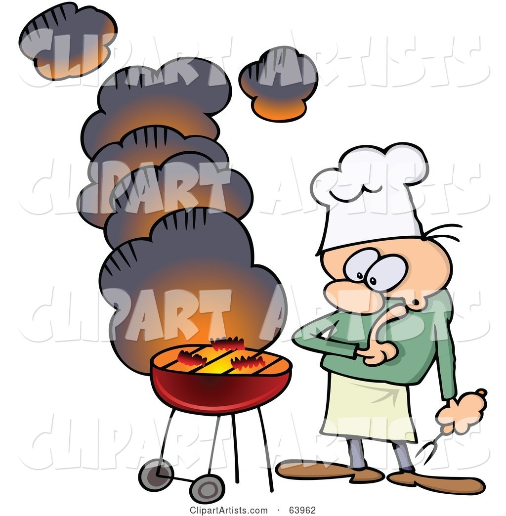 Nervous Man Watching Meat Cook on a Smoking Bbq Grill