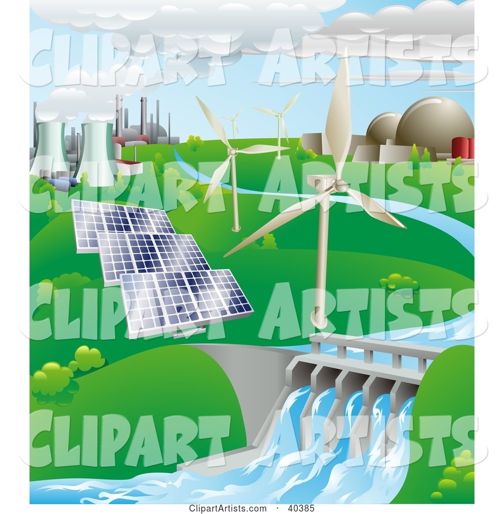 Nuclear, Fossil Fuel, Wind Power, Photovoltaic Cells, and Hydro Electric Water Power Generation Farms