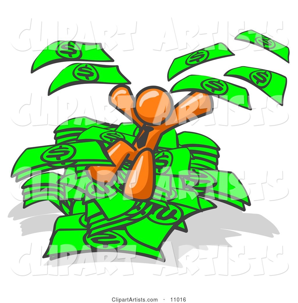Orange Business Man Jumping in a Pile of Money and Throwing Cash into the Air
