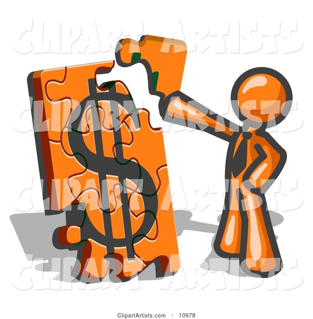 Orange Businessman Putting a Dollar Sign Puzzle Together
