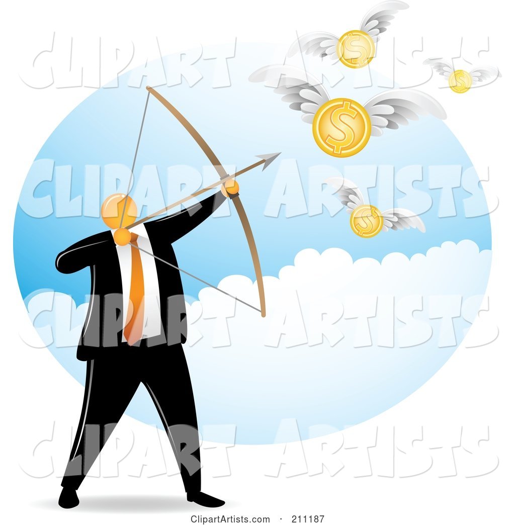 Orange Faceless Businessman Archer Aiming for Coins