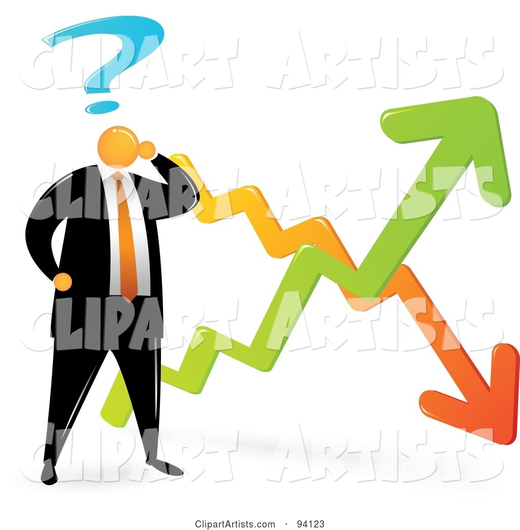 Orange Faceless Businessman Confused by the Economic Ups and Downs