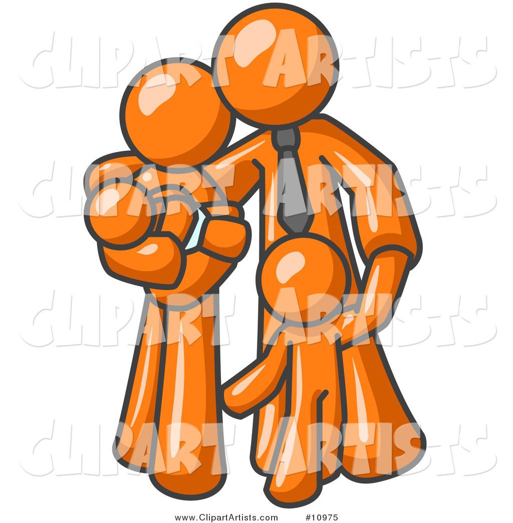 Orange Family Man, a Father, Hugging His Wife and Two Children