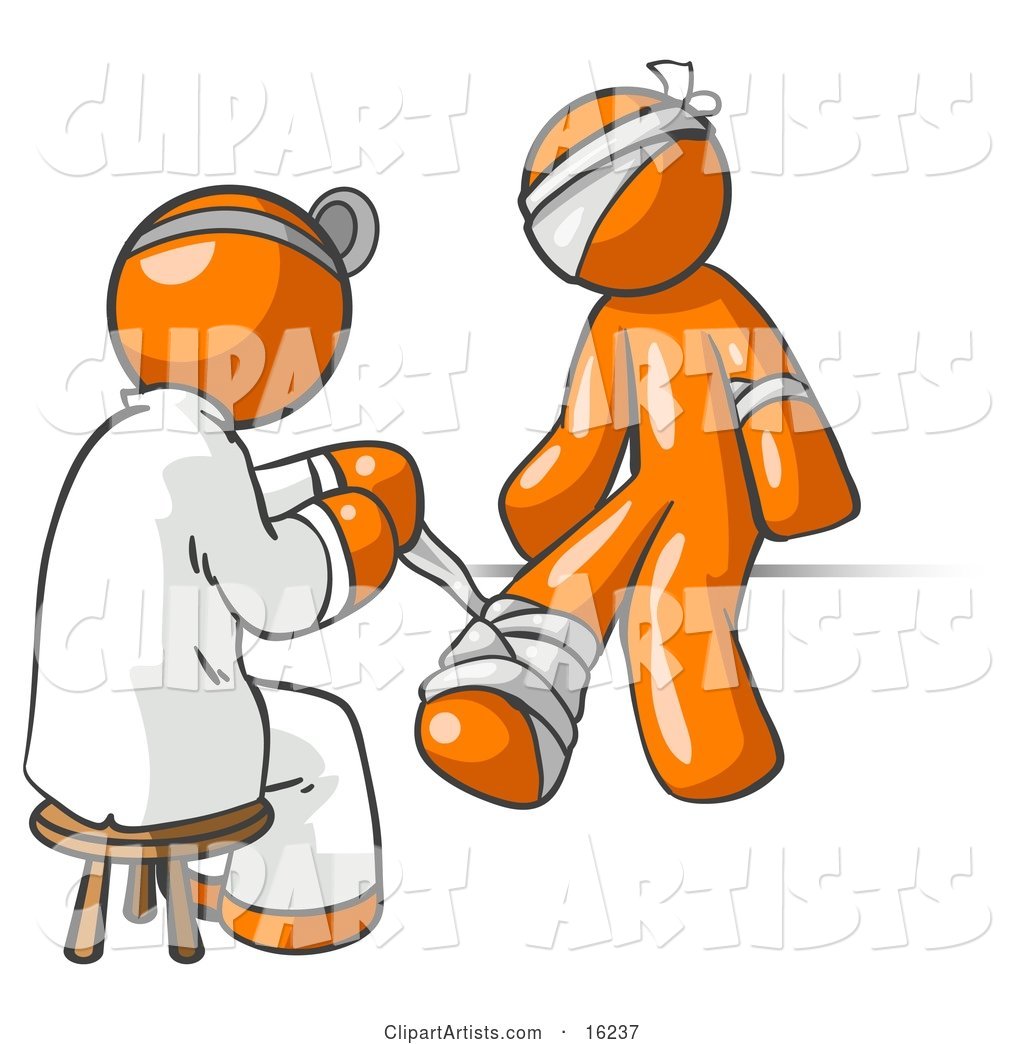 Orange Male Doctor in a Lab Coat, Sitting on a Stool and Bandaging an Orange Person That Has Been Hurt on the Head, Arm and Ankle